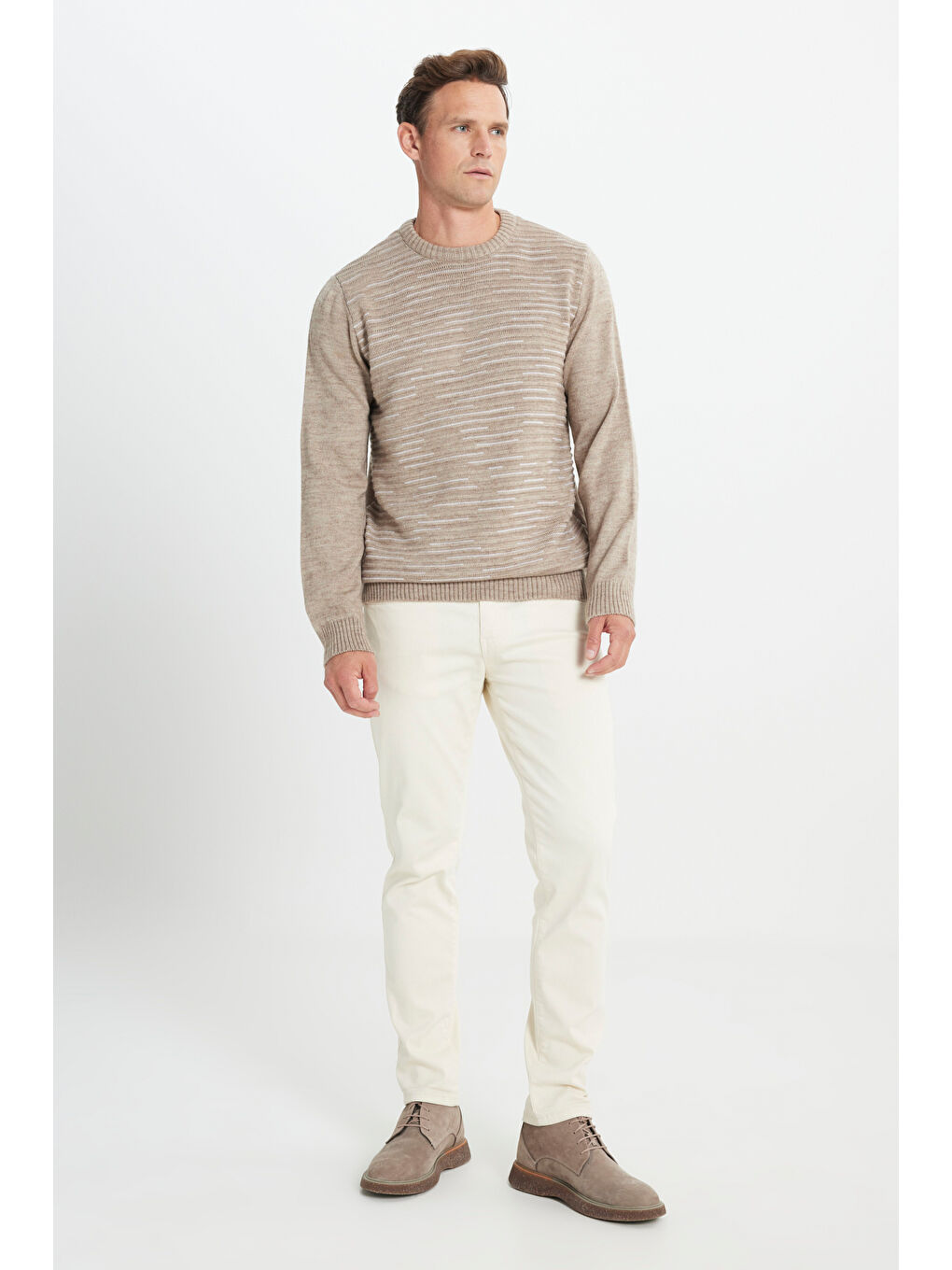 Sarı Erkek VIZON-KEMIK Standart Fit Normal Kesim Bisiklet Yaka Desenli Triko Kazak-1