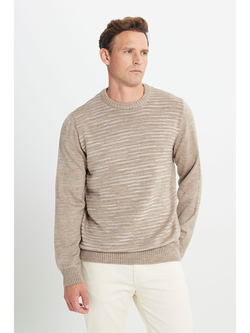 Sarı Erkek VIZON-KEMIK Standart Fit Normal Kesim Bisiklet Yaka Desenli Triko Kazak-3