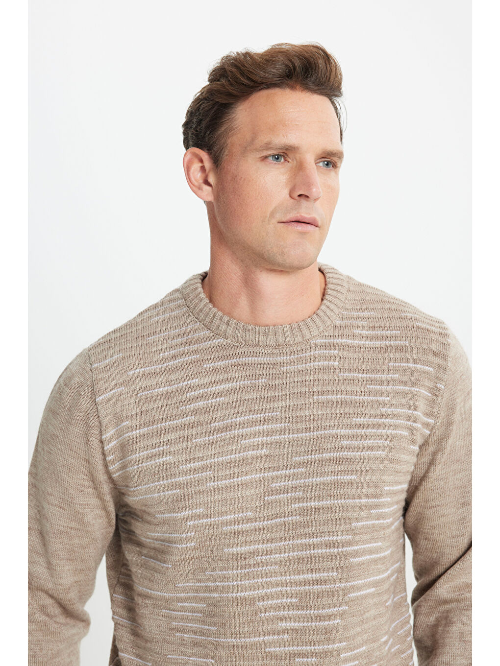 Sarı Erkek VIZON-KEMIK Standart Fit Normal Kesim Bisiklet Yaka Desenli Triko Kazak-4