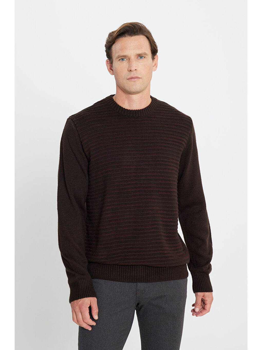 Kahverengi Erkek Kahve-Bordo Standart Fit Normal Kesim Bisiklet Yaka Desenli Triko Kazak