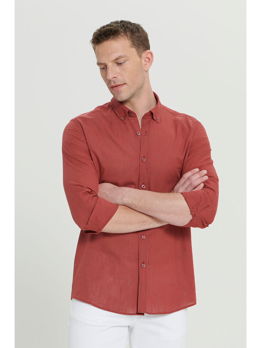 Erkek Bordo %100 Pamuk Oxford Slim Fit Dar Kesim Düğmeli Yaka Flamlı Gömlek