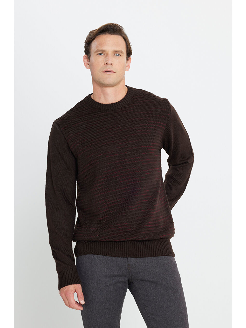 Kahverengi Erkek Kahve-Bordo Standart Fit Normal Kesim Bisiklet Yaka Desenli Triko Kazak-2