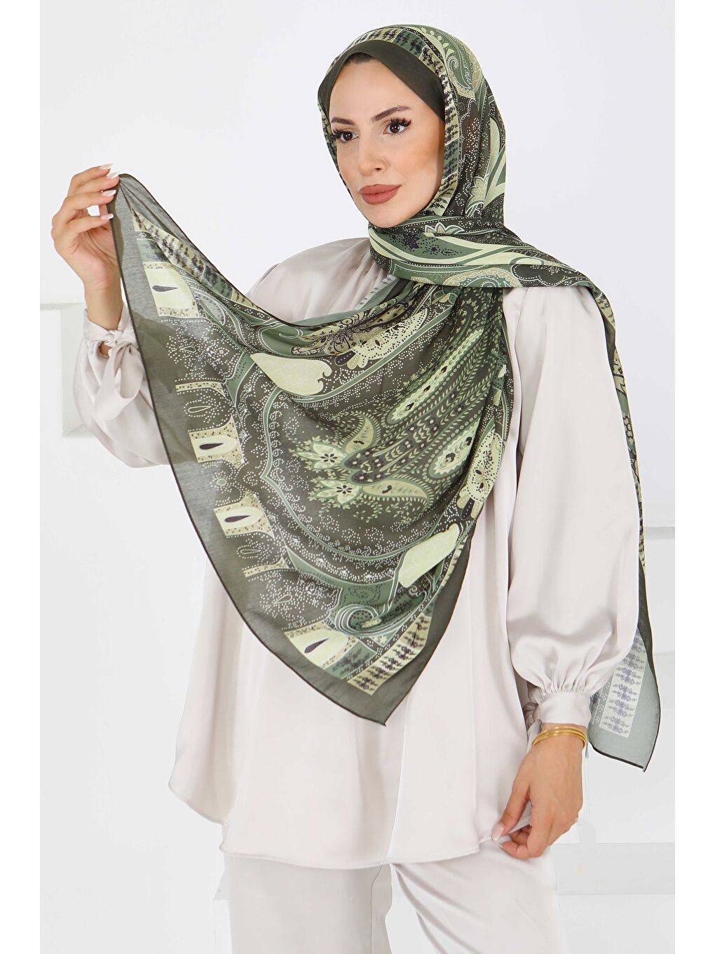 Etnik Pamuk Vual Desen Şal Haki - 27597
