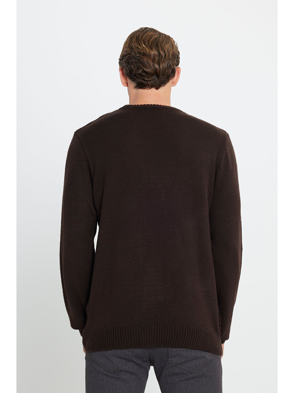 Kahverengi Erkek Kahve-Bordo Standart Fit Normal Kesim Bisiklet Yaka Desenli Triko Kazak-4