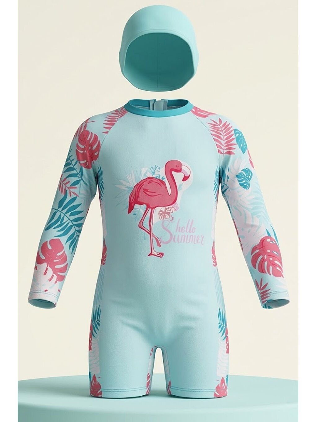 Turkuaz Kız Çocuk Mayo Takımı-Uzun Kollu Yüzücü Mayo ve Bone 4-12 Yaş 12638N-1