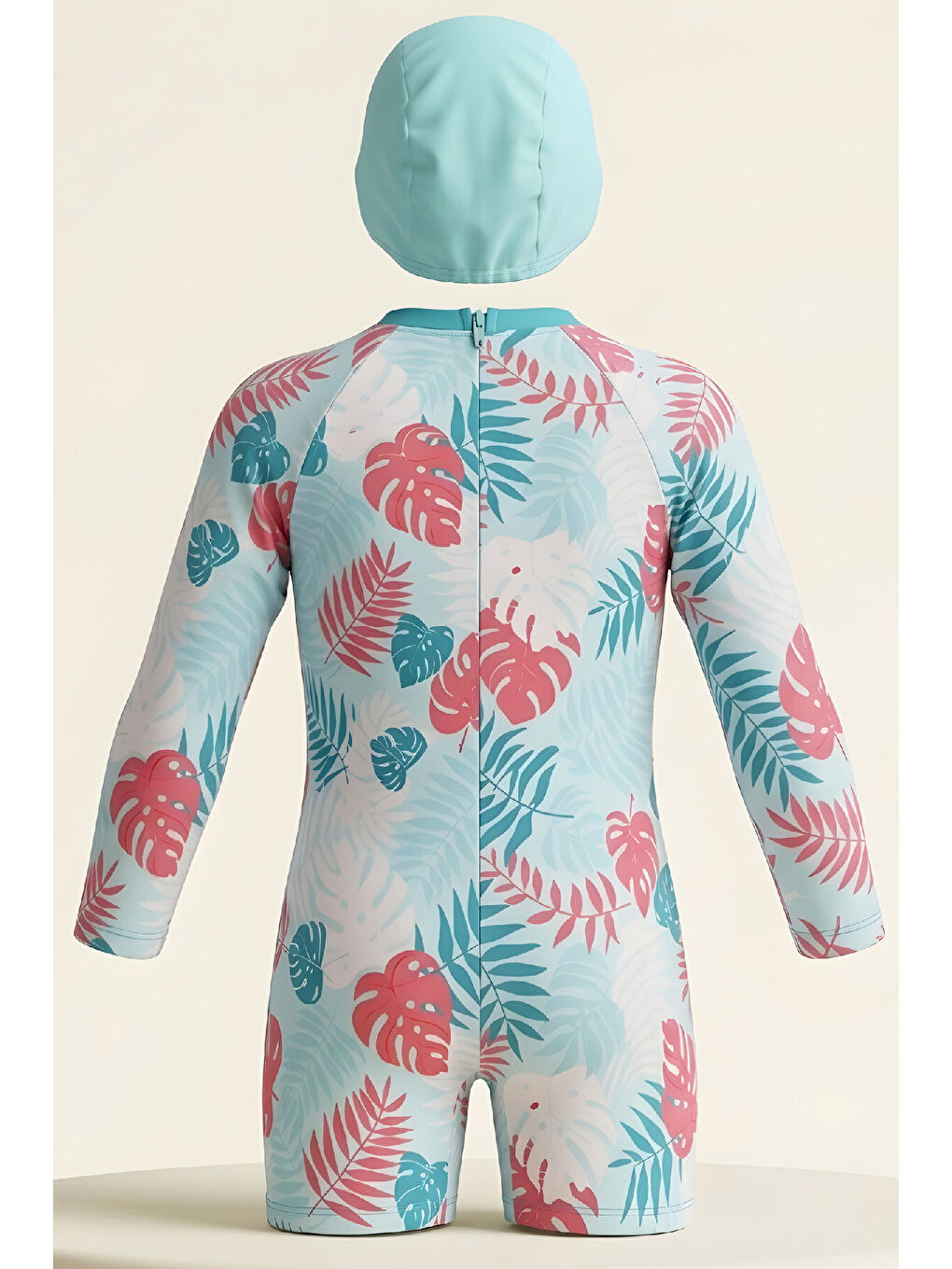 Turkuaz Kız Çocuk Mayo Takımı-Uzun Kollu Yüzücü Mayo ve Bone 4-12 Yaş 12638N-2