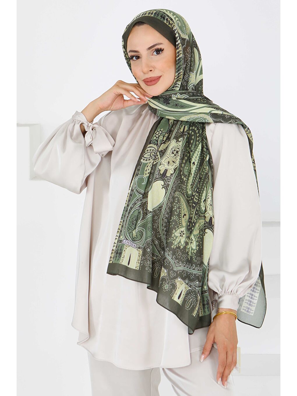 Etnik Pamuk Vual Desen Şal Haki - 27597-1