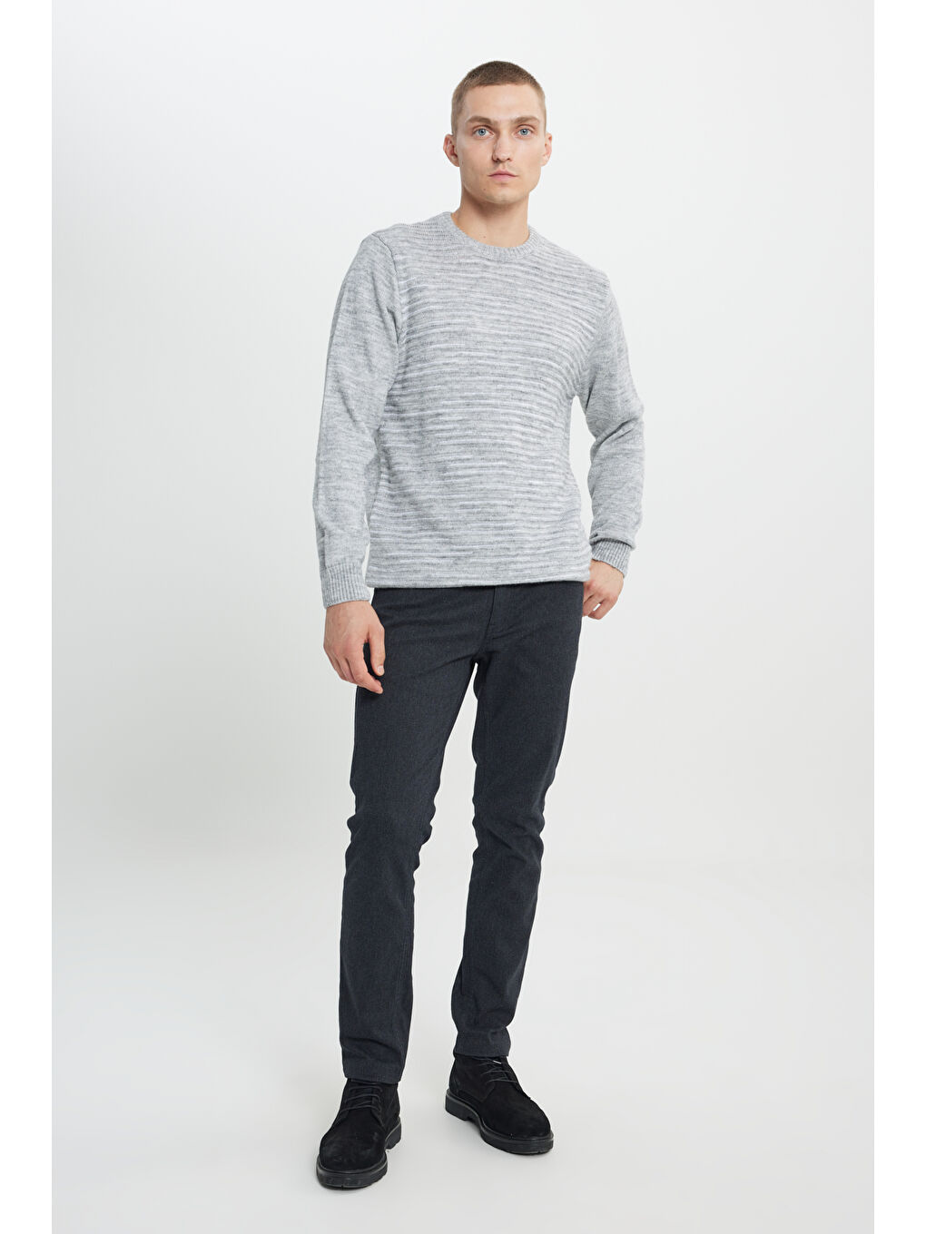 Erkek Kemik-Gri Melanj Standart Fit Normal Kesim Bisiklet Yaka Desenli Triko Kazak-1