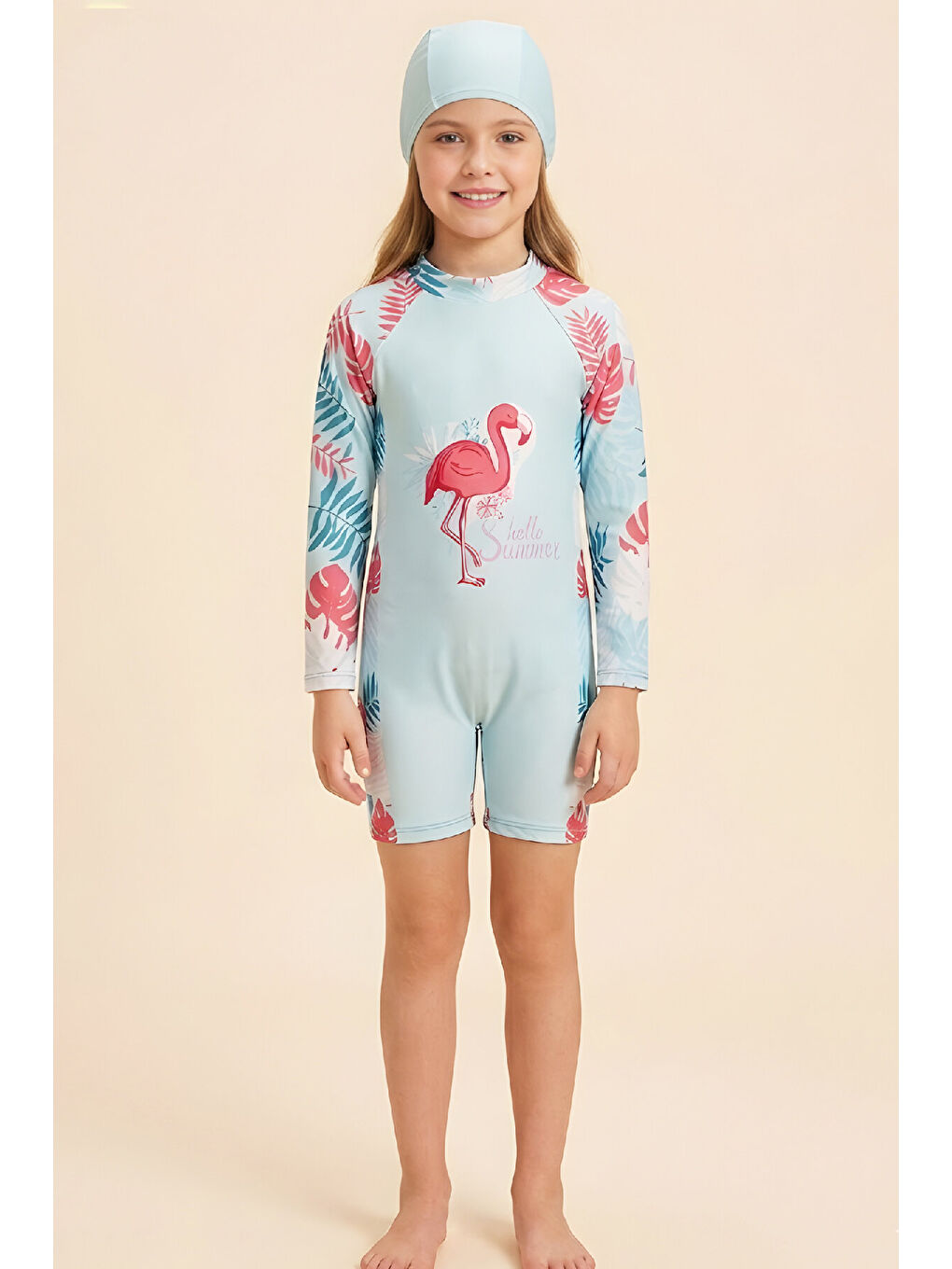 Turkuaz Kız Çocuk Mayo Takımı-Uzun Kollu Yüzücü Mayo ve Bone 4-12 Yaş 12638N-3