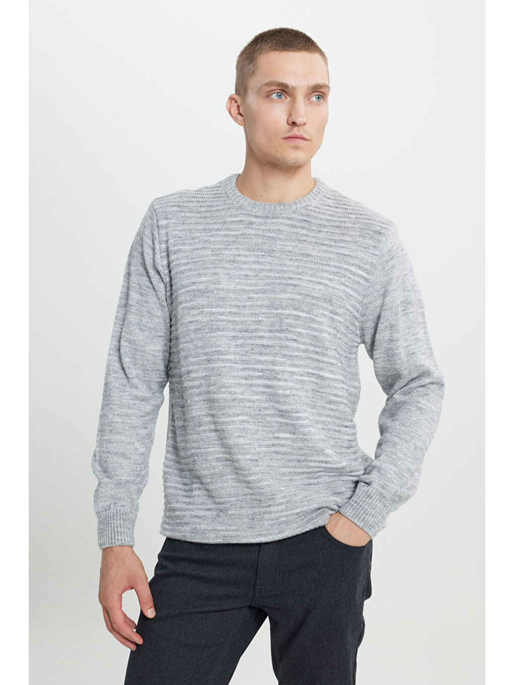 Erkek Kemik-Gri Melanj Standart Fit Normal Kesim Bisiklet Yaka Desenli Triko Kazak-3