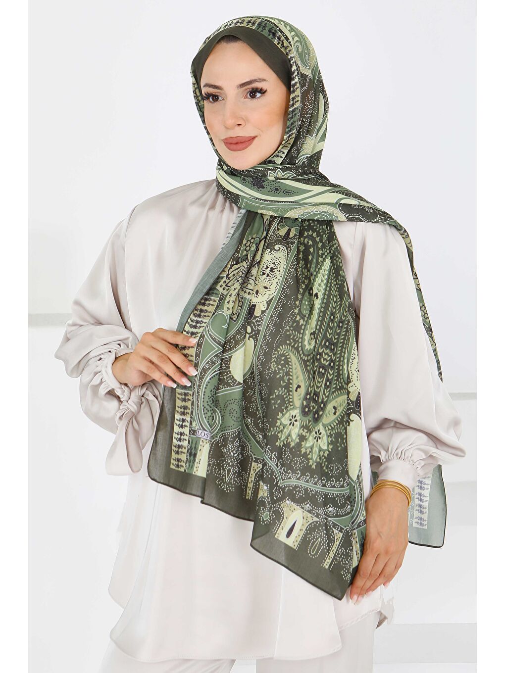 Etnik Pamuk Vual Desen Şal Haki - 27597-2