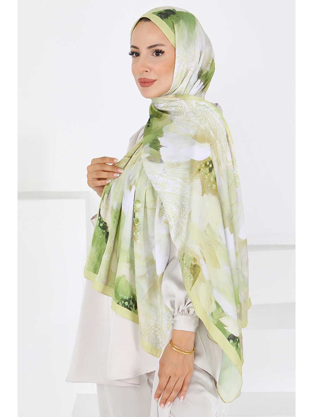 Sarı Kıraş Büyük Çiçek Desenli Şal Sari - 27621-1