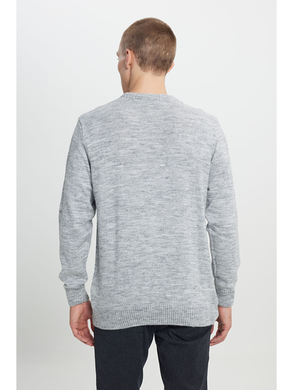 Erkek Kemik-Gri Melanj Standart Fit Normal Kesim Bisiklet Yaka Desenli Triko Kazak-5