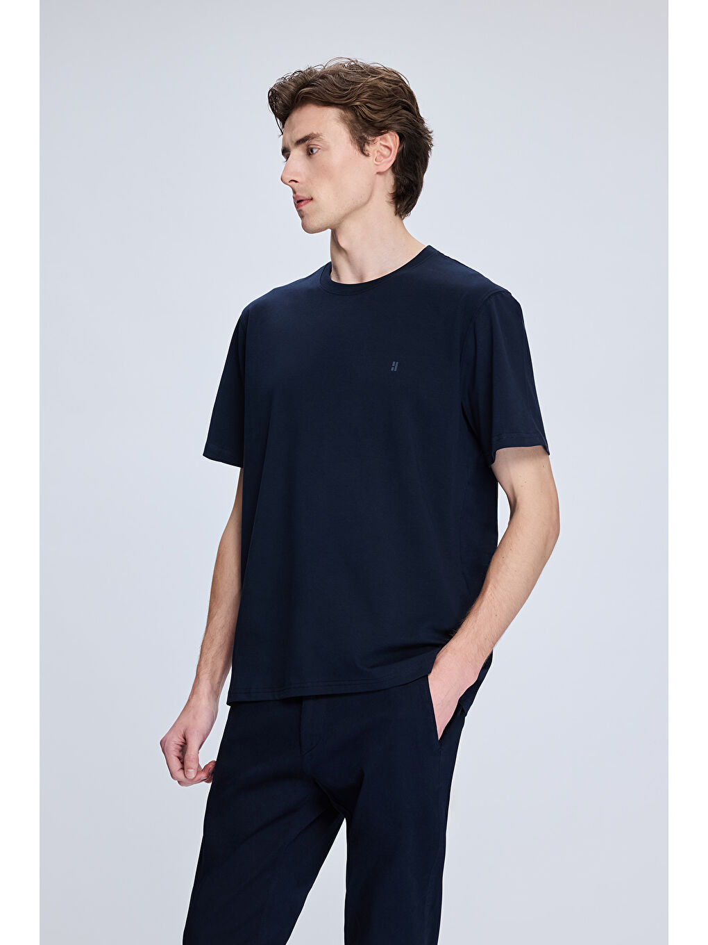 Lacivert Regular Fit Bisiklet Yaka Pamuklu Triko Tişört-2