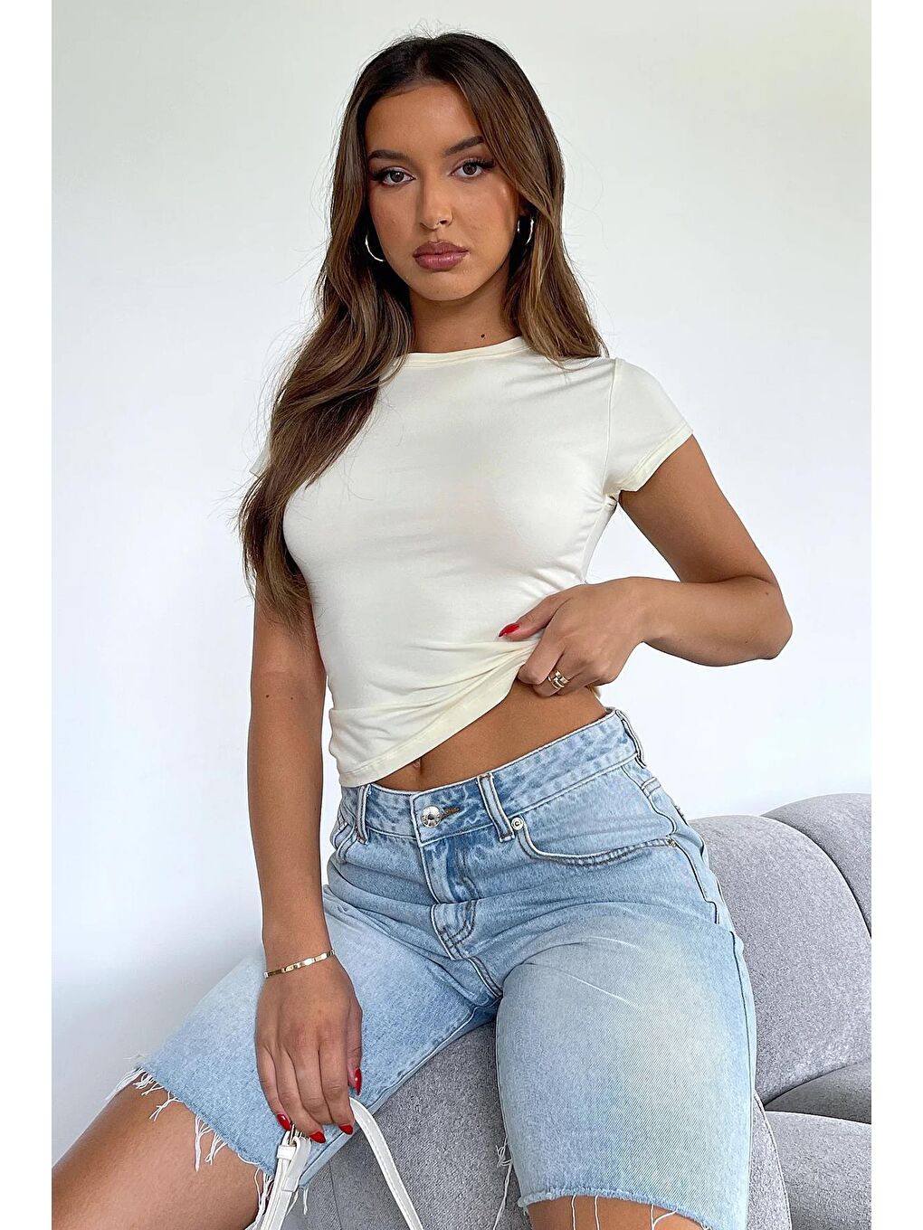 Ekru Basic Kadın Tişört Mg2012