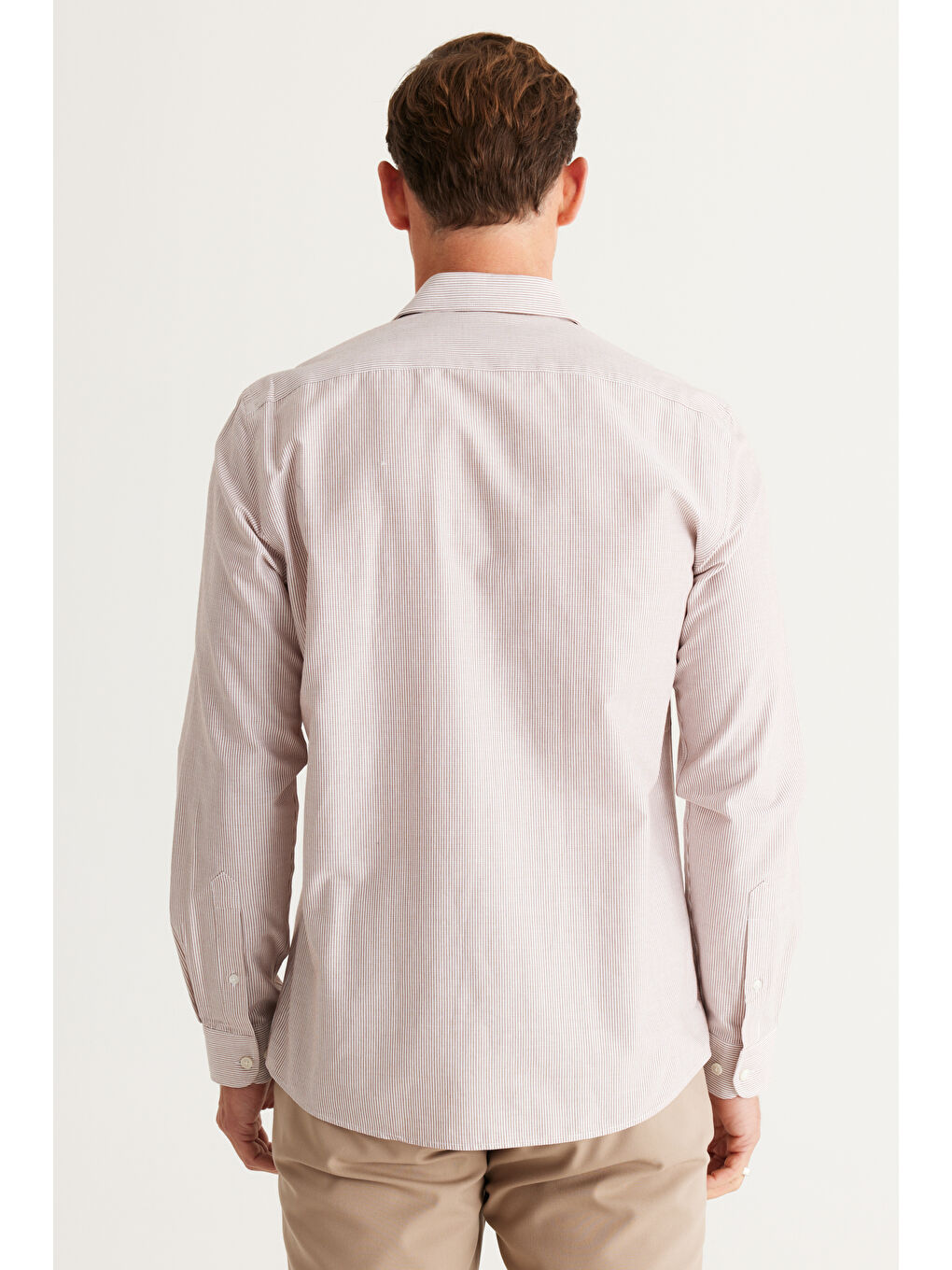 Erkek Beyaz-Kahve Slim Fit Dar Kesim Küçük İtalyan Yaka %100 Pamuk Armürlü Gömlek-5