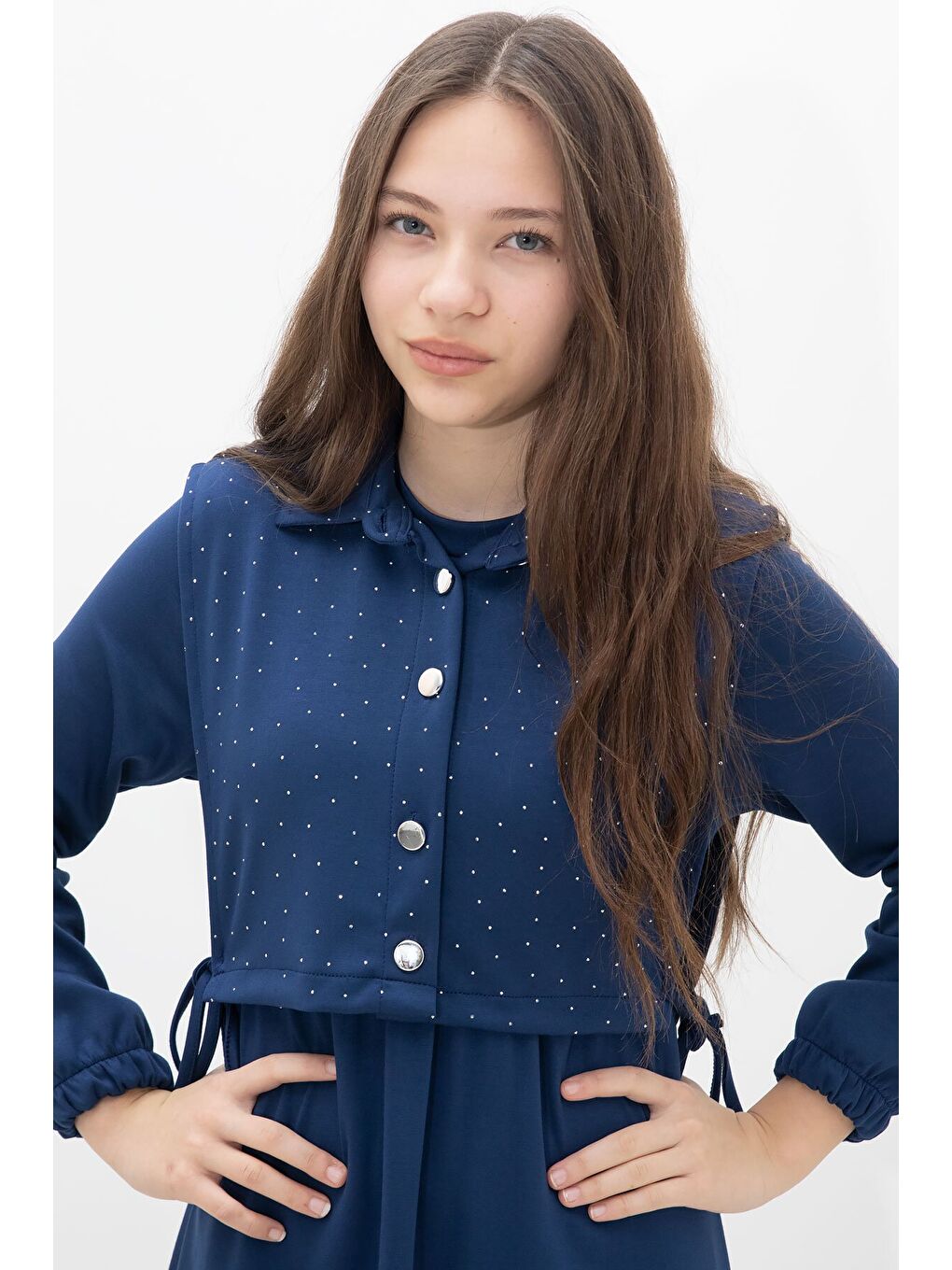 Lacivert Taşlı Bağlamalı Yelekli Kız Çocuk Uzun Kol Elbise Takımı 23638-1