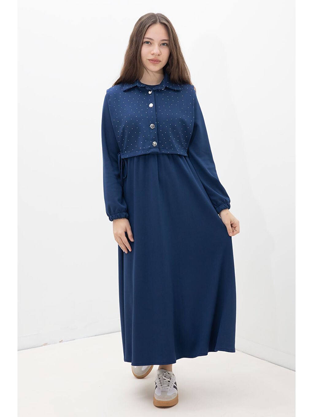 Lacivert Taşlı Bağlamalı Yelekli Kız Çocuk Uzun Kol Elbise Takımı 23638-3