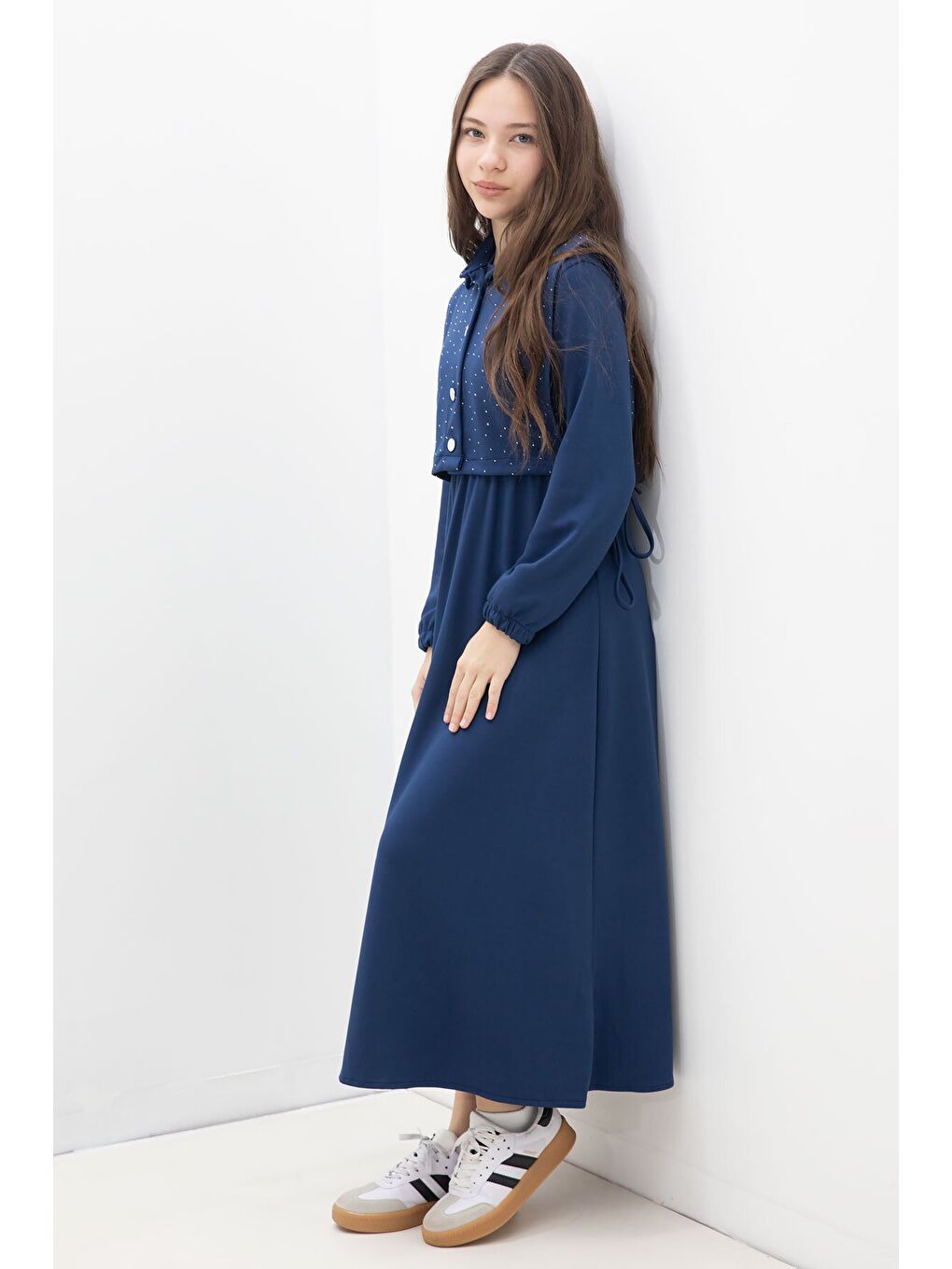 Lacivert Taşlı Bağlamalı Yelekli Kız Çocuk Uzun Kol Elbise Takımı 23638-4