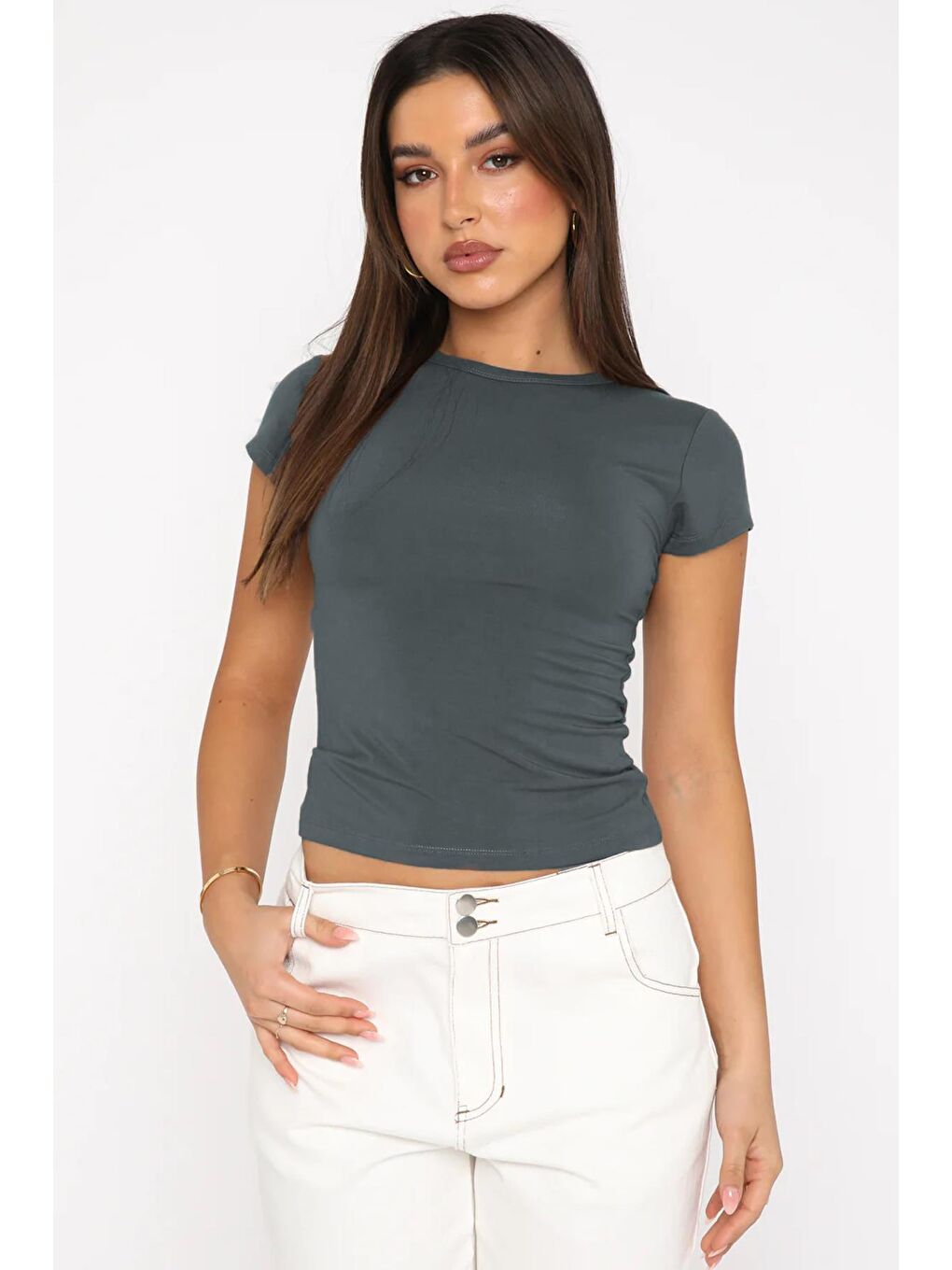 Gri Füme Basic Kadın Tişört Mg2012