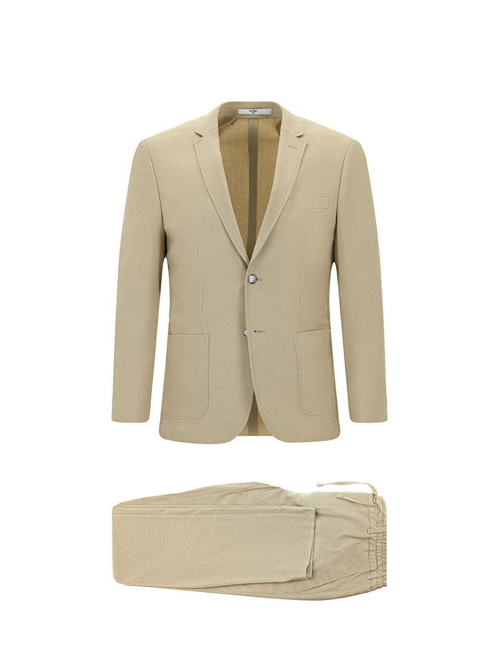 Bej Super Slim Fit Ekstra Dar Kesim Desenli Beli Lastikli İpli Spor Takım Elbise