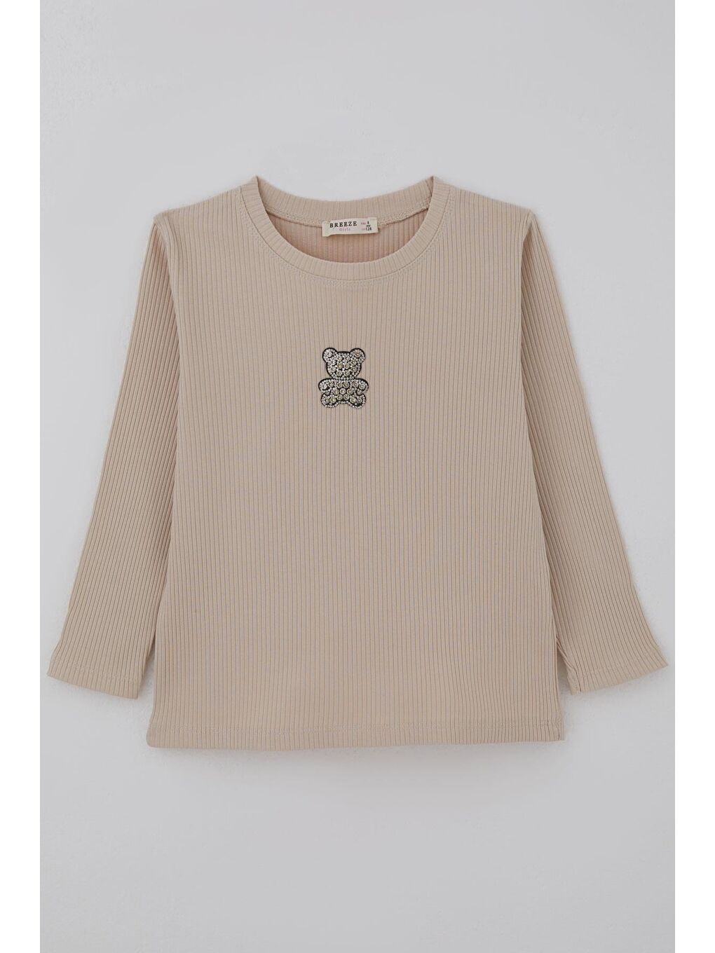 Kız Çocuk Uzun Kollu Tişört Taşlı Işıltılı Ayıcık Aplike Armalı Bej (5-10 Yaş)