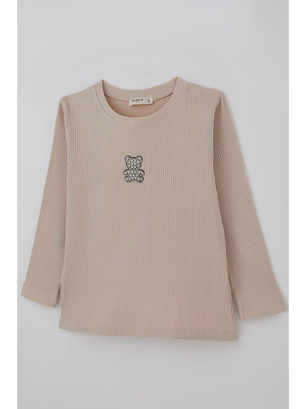 Kız Çocuk Uzun Kollu Tişört Taşlı Işıltılı Ayıcık Aplike Armalı Bej (5-10 Yaş)-2