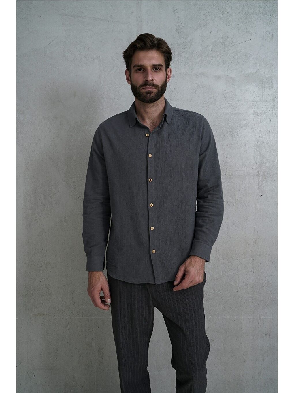 Wesley Erkek Oversize Krinkıl Antrasit Gömlek-1