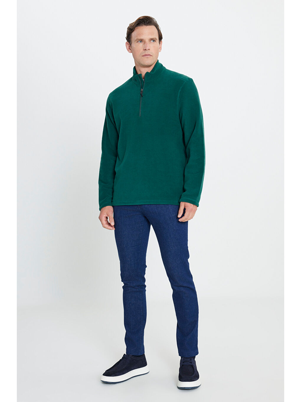 Erkek Yeşil Anti-Pilling Tüylenme Yapmayan Standart Fit Dik Yaka Polar Sweatshirt-1