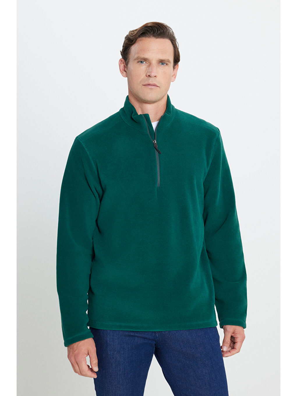 Erkek Yeşil Anti-Pilling Tüylenme Yapmayan Standart Fit Dik Yaka Polar Sweatshirt-2