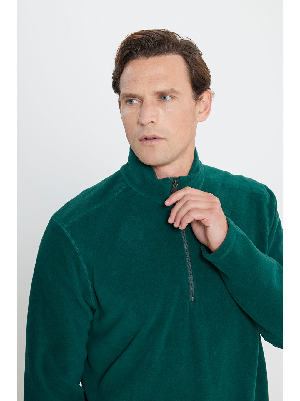 Erkek Yeşil Anti-Pilling Tüylenme Yapmayan Standart Fit Dik Yaka Polar Sweatshirt-3