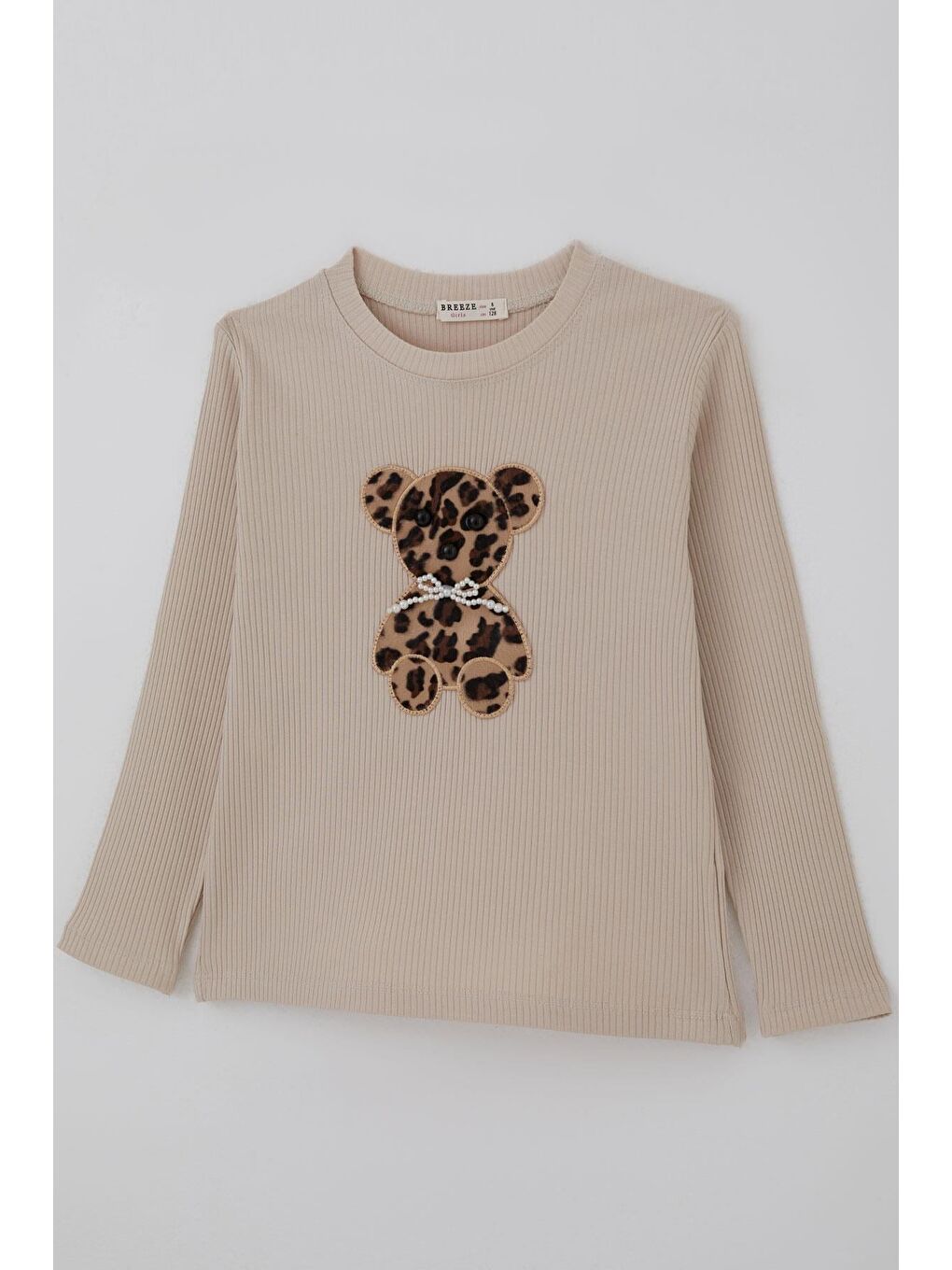 Kız Çocuk Uzun Kollu Tişört İncili Aplike Leopar Ayıcık Nakışlı Bej (5-10 Yaş)-2