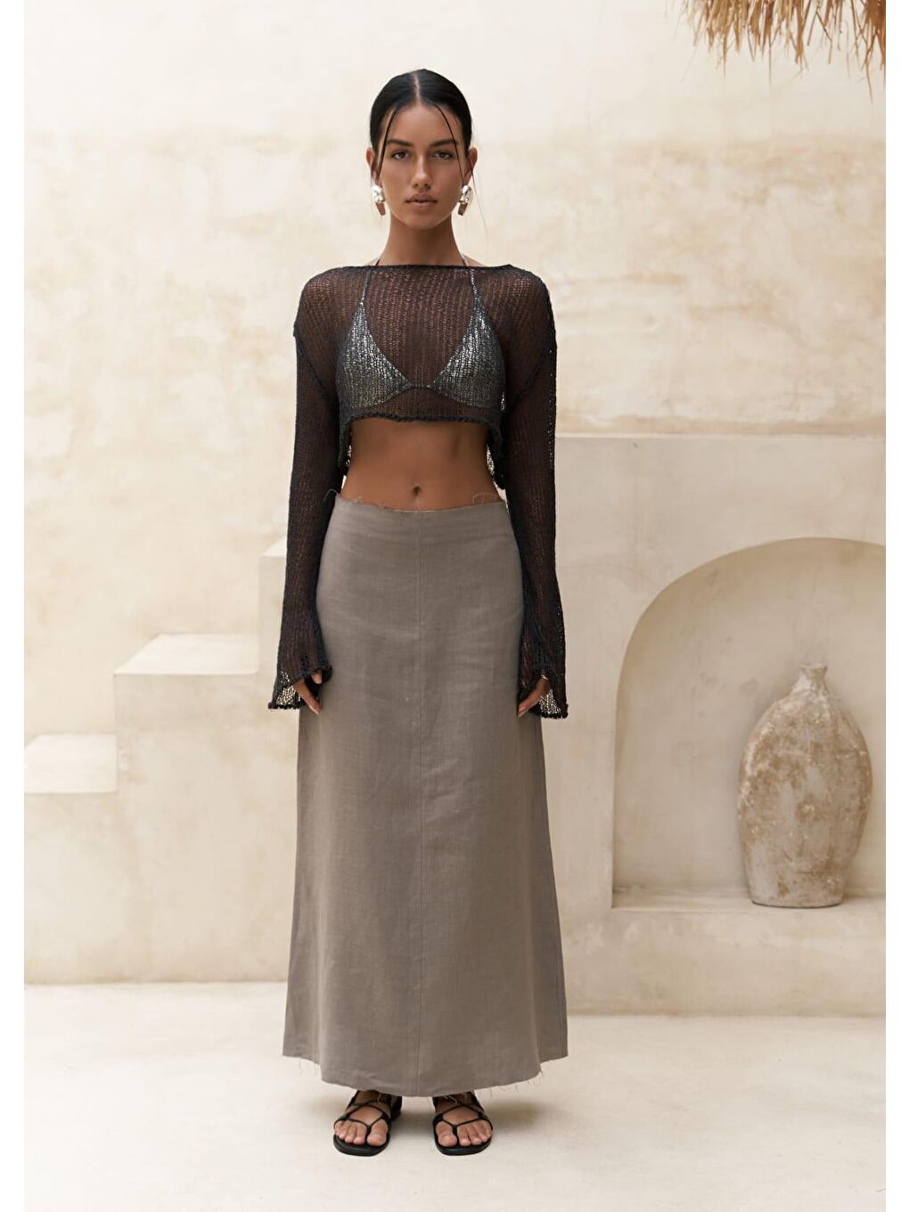 Gri Samir Pis Detay Füme Keten Etek-1