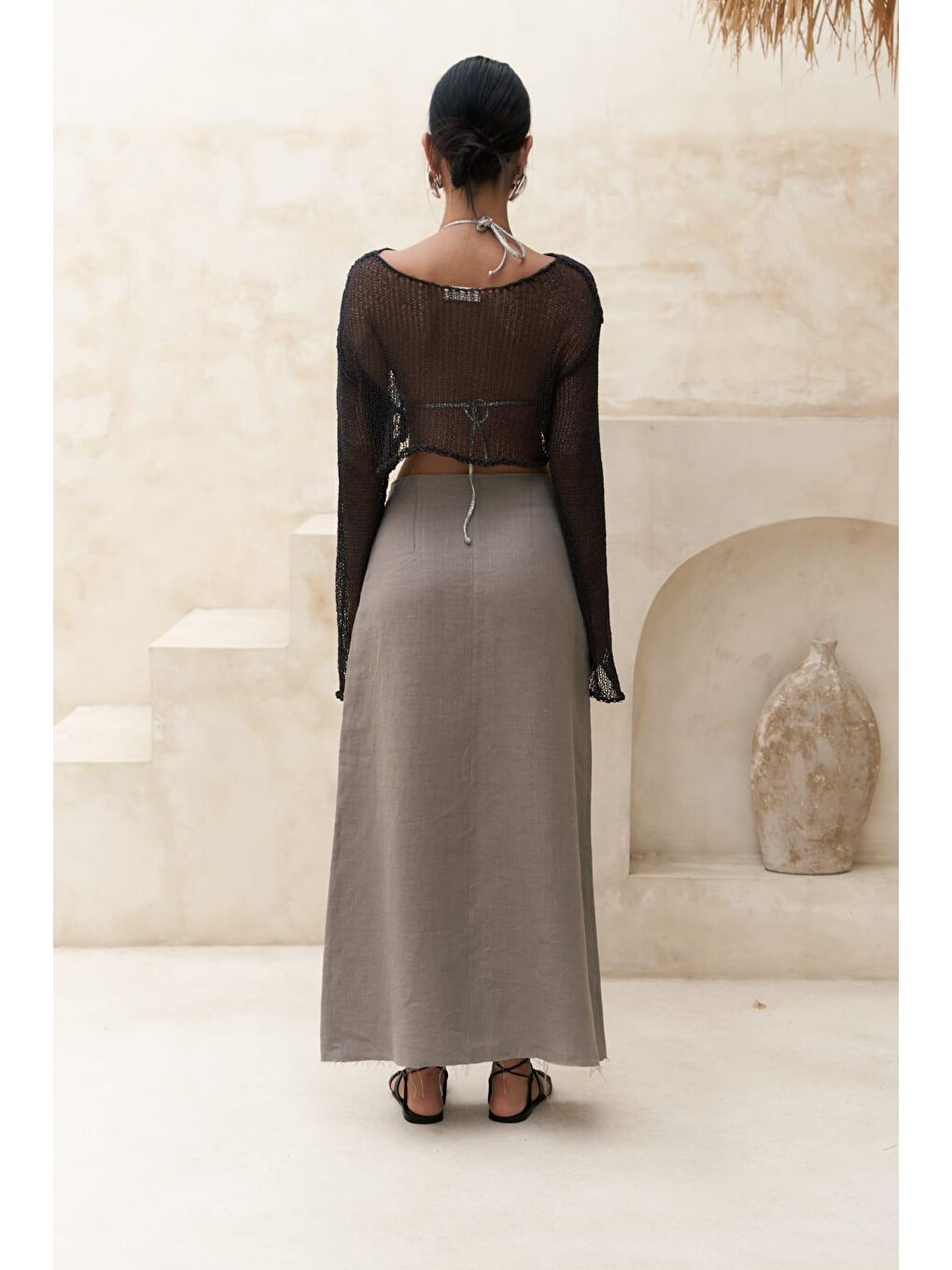 Gri Samir Pis Detay Füme Keten Etek-3