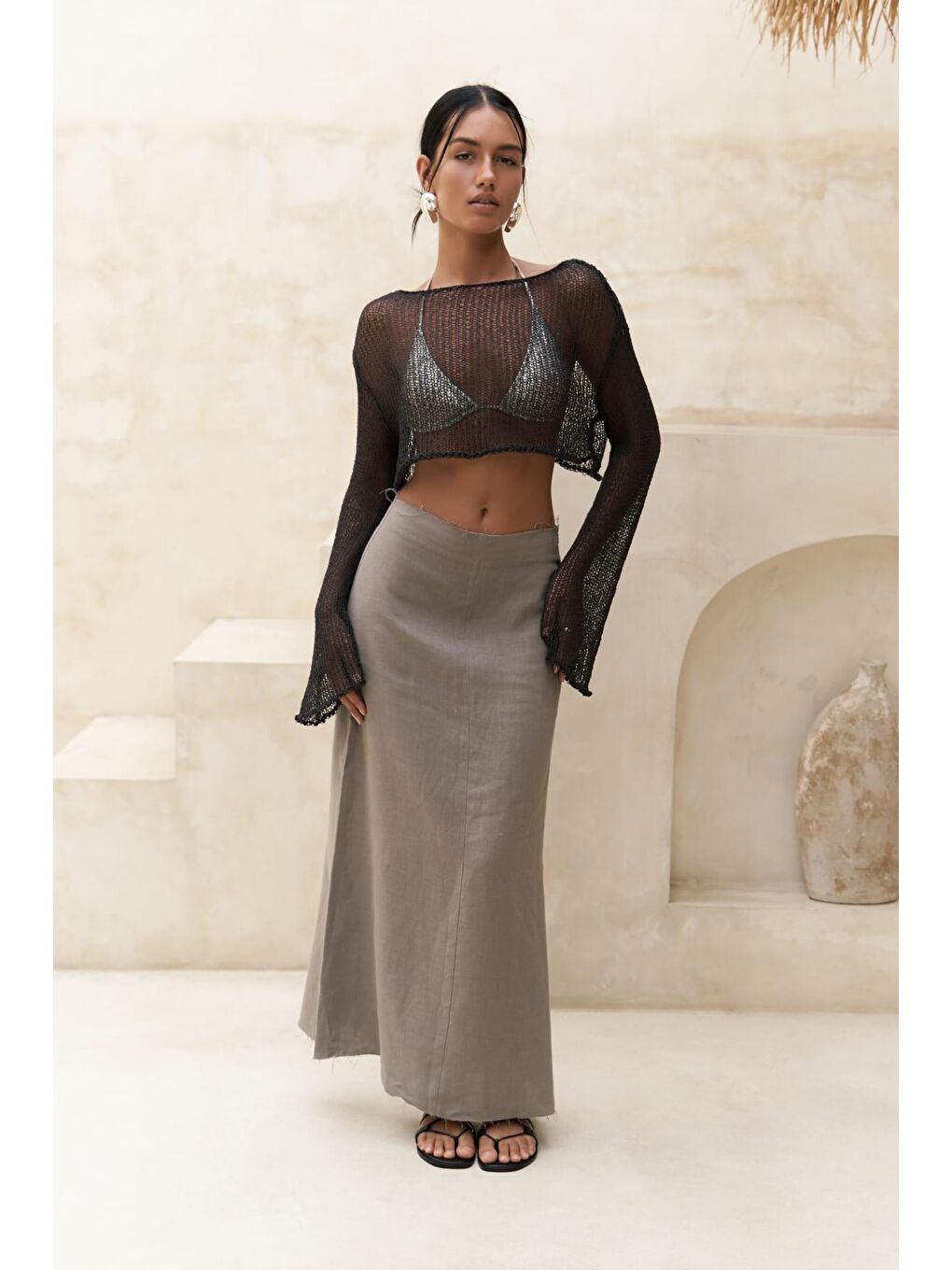 Gri Samir Pis Detay Füme Keten Etek-6