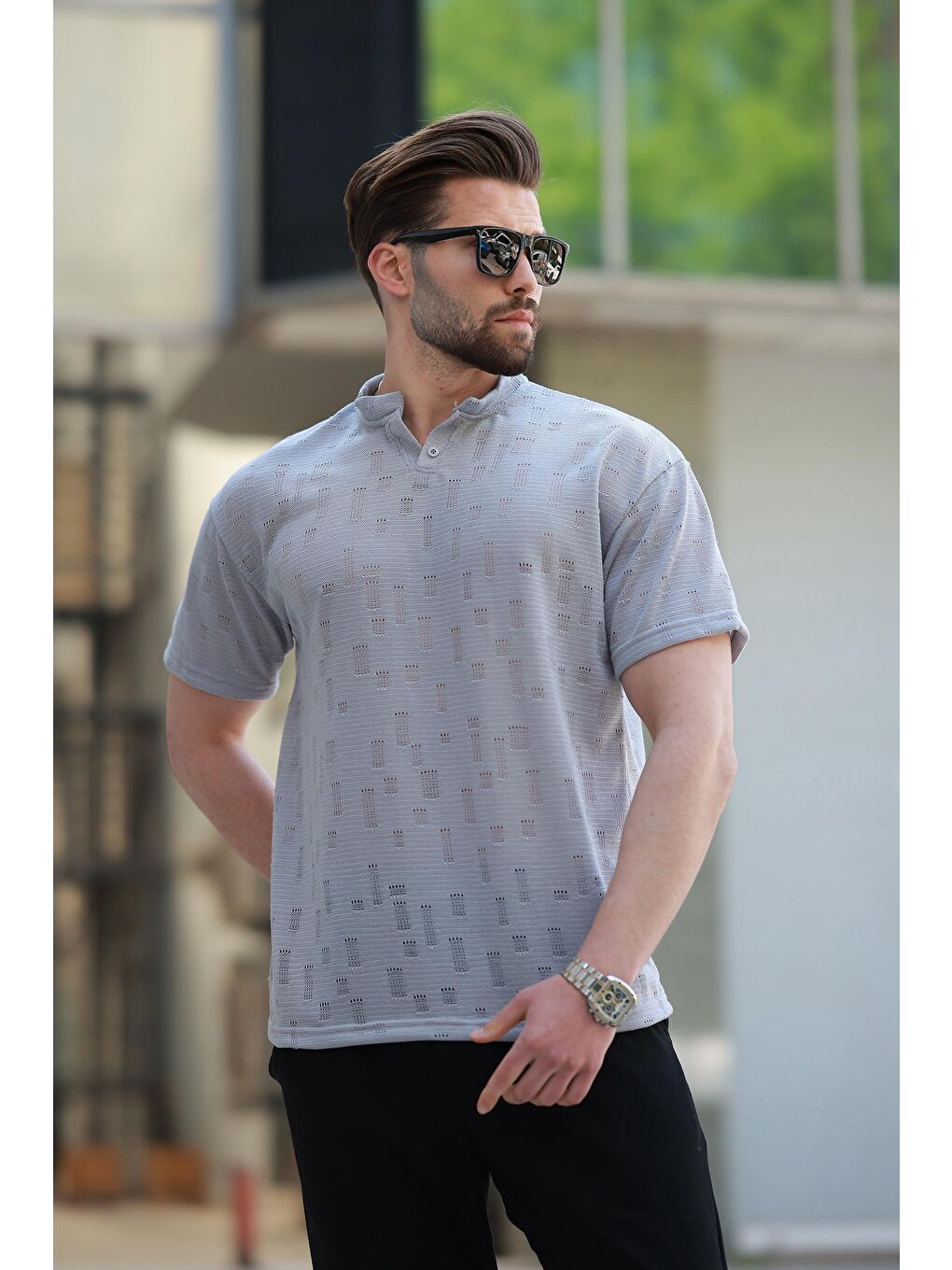 Boyalı Gri Hakim Yaka Erkek Basic Tişört E7148-1