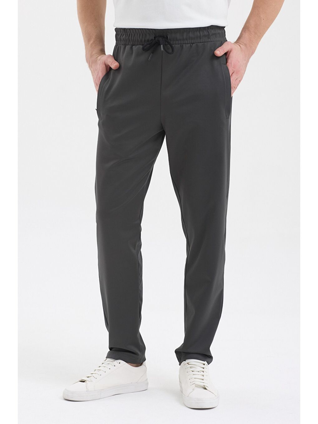 Erkek Siyah-Antrasit Fermuar Cepli Dalgıç Kumaş Düz Paça Rahat Pamuklu Jogger 2'li Eşofman Altı-2