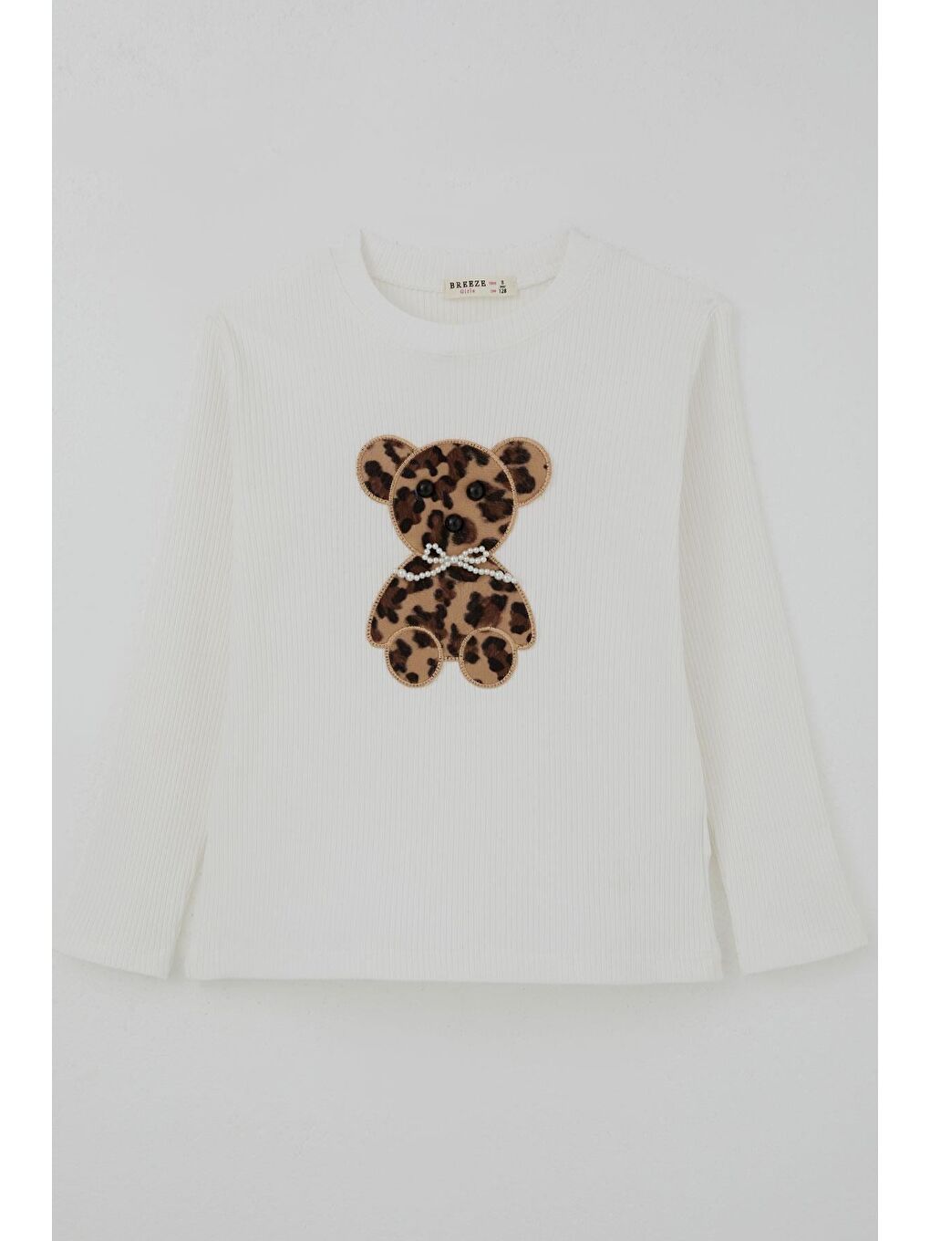 Kız Çocuk Uzun Kollu Tişört İncili Aplike Leopar Ayıcık Nakışlı Ekru (5-10 Yaş)