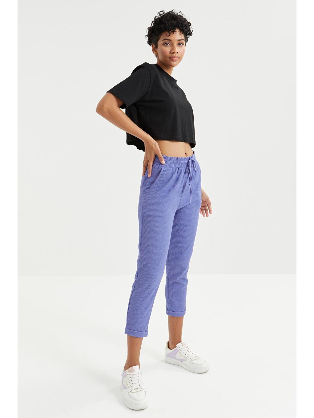 Mor Eflatun Bel Büzgülü Bağcıklı Bürümcük Kumaş Kadın Eşofman Alt - 94621