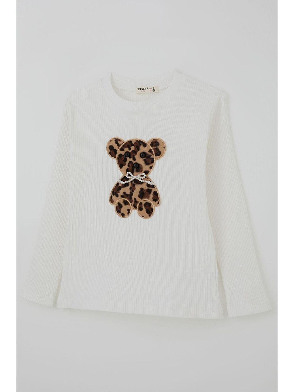 Kız Çocuk Uzun Kollu Tişört İncili Aplike Leopar Ayıcık Nakışlı Ekru (5-10 Yaş)-2