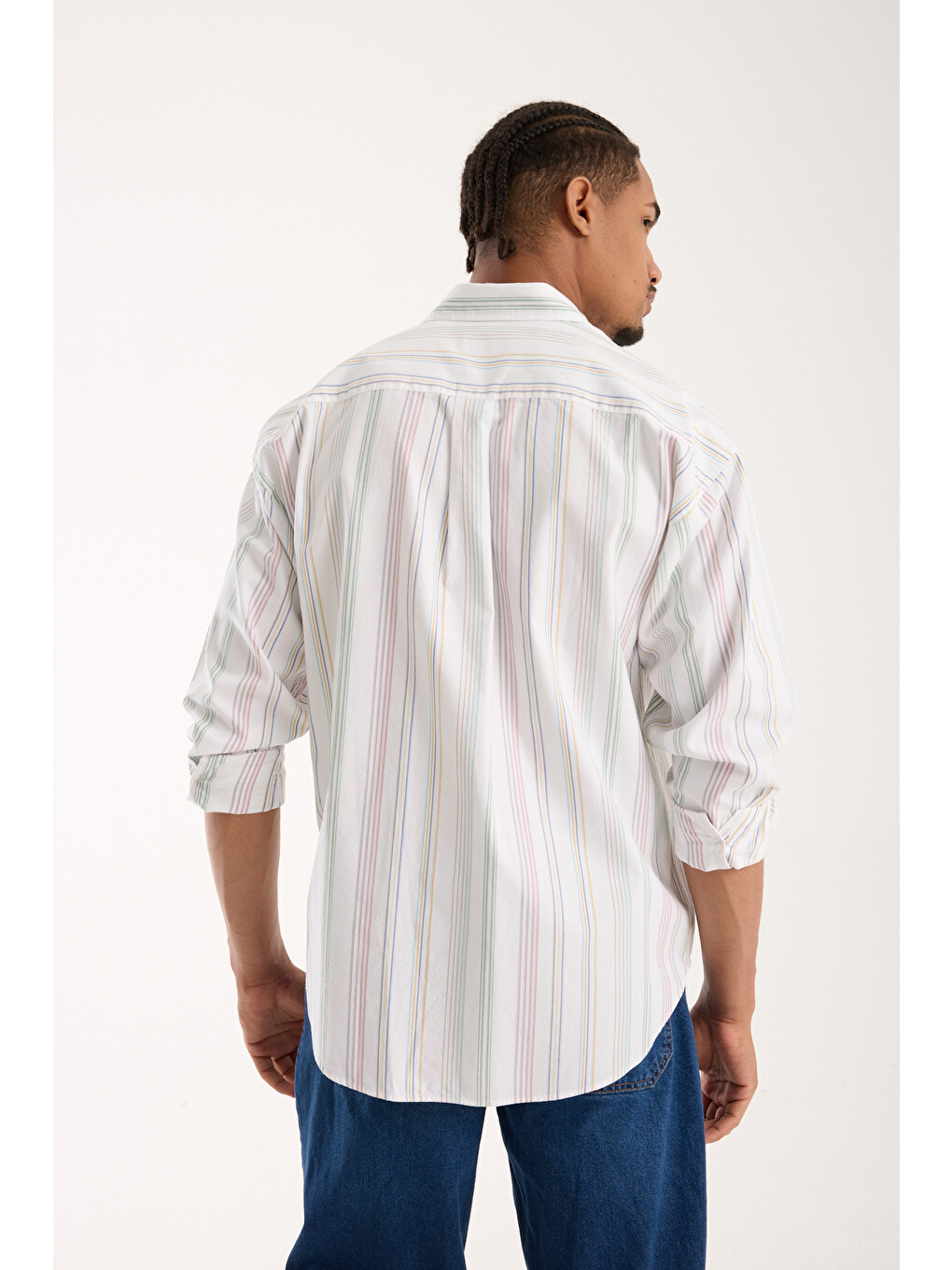 Rio Oxford Pamuklu Oversize Fit Beyaz Klasik Yaka Erkek Çizgili Gömlek-4