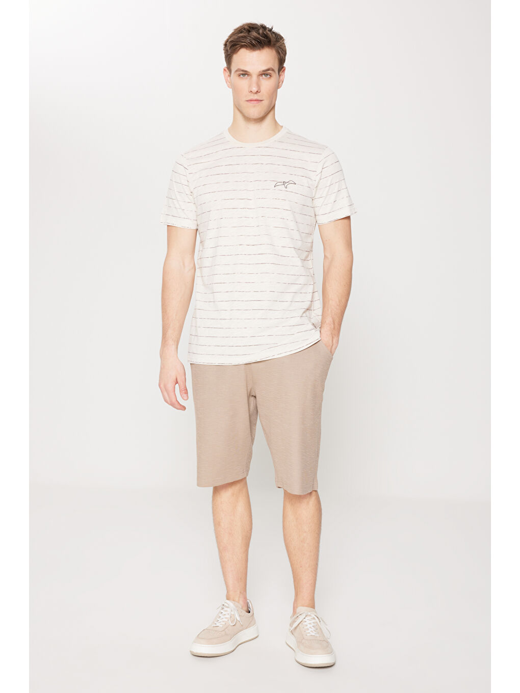 Erkek Bej-Kahve Standart Fit Normal Kesim Bisiklet Yaka Pamuklu Çizgili Pijama Takımı