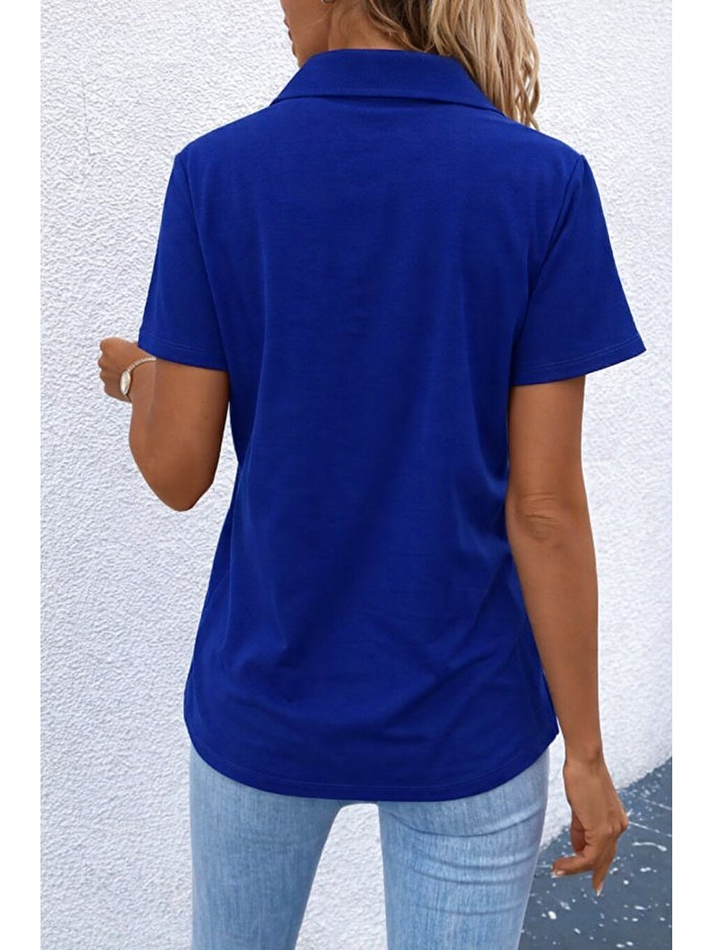 Mavi Kadın Kısa Kollu Ceket Yaka Önü Fermuarlı Cep Detay Kısa Kol Ithal Krep Bluz-3