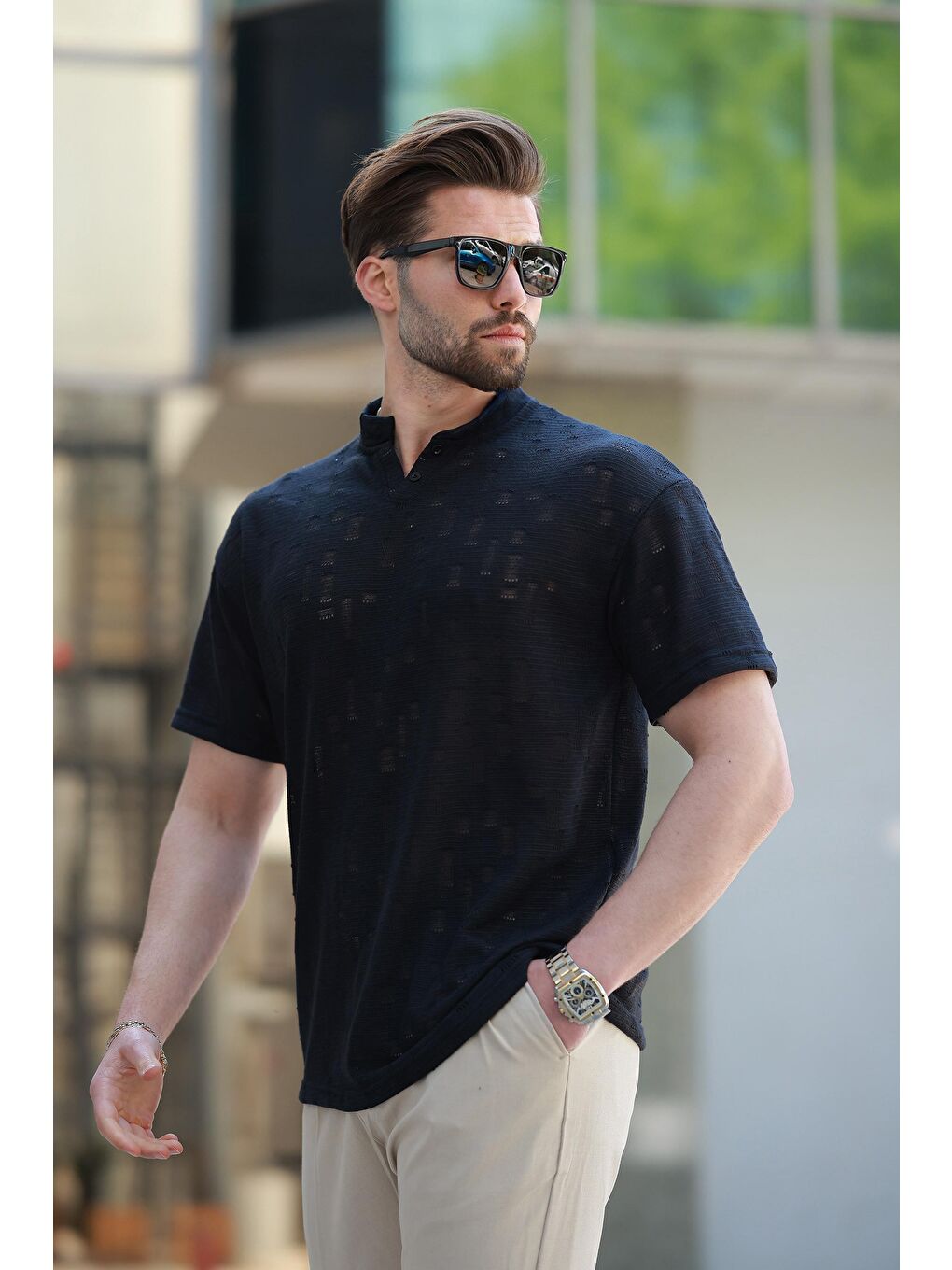 Siyah Hakim Yaka Erkek Basic Tişört E7148