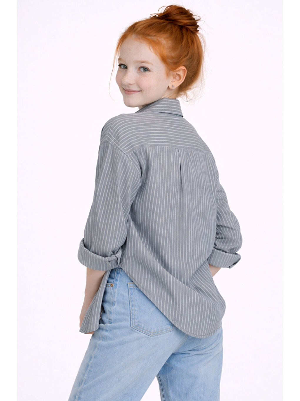 Siyah Kız Çocuk Çizgili Taşı Crop Badili Gömlek Takım Ak2606-1