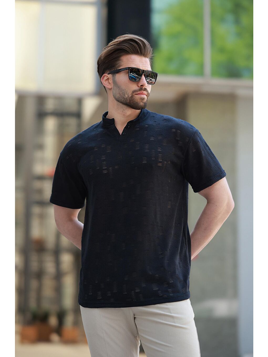 Siyah Hakim Yaka Erkek Basic Tişört E7148-1