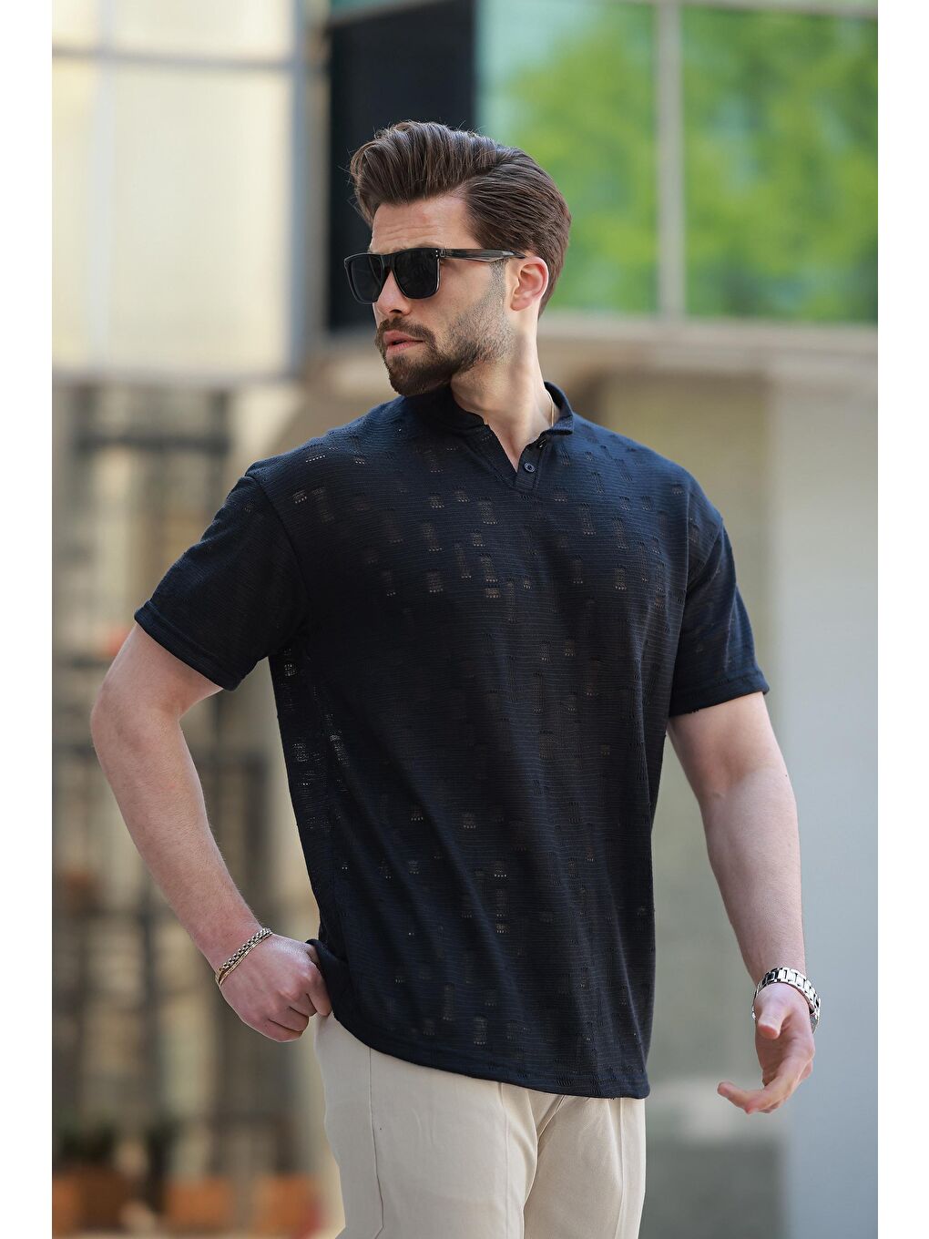 Siyah Hakim Yaka Erkek Basic Tişört E7148-2