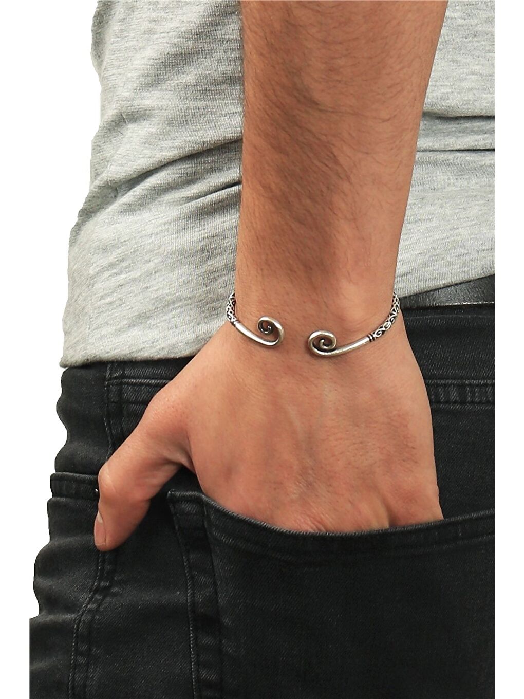 Gri Erkek Lak Siyah Renk Kaplama Ayarlanabilir Açık Band Spiral Formlu Bileklik-2