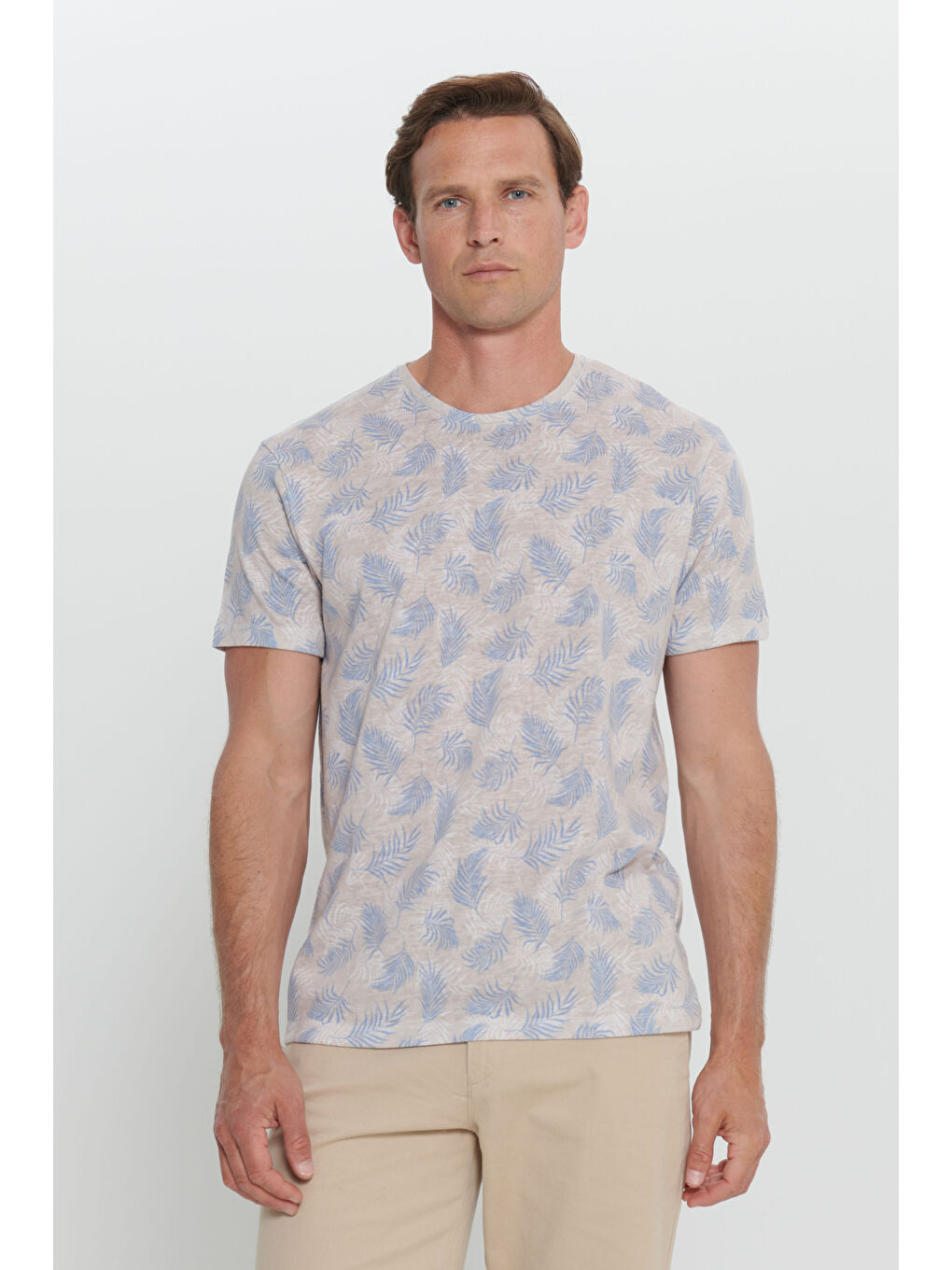 Ekru Erkek EKRU SAKS Slim Fit Dar Kesim Bisiklet Yaka Baskılı Tişört-3