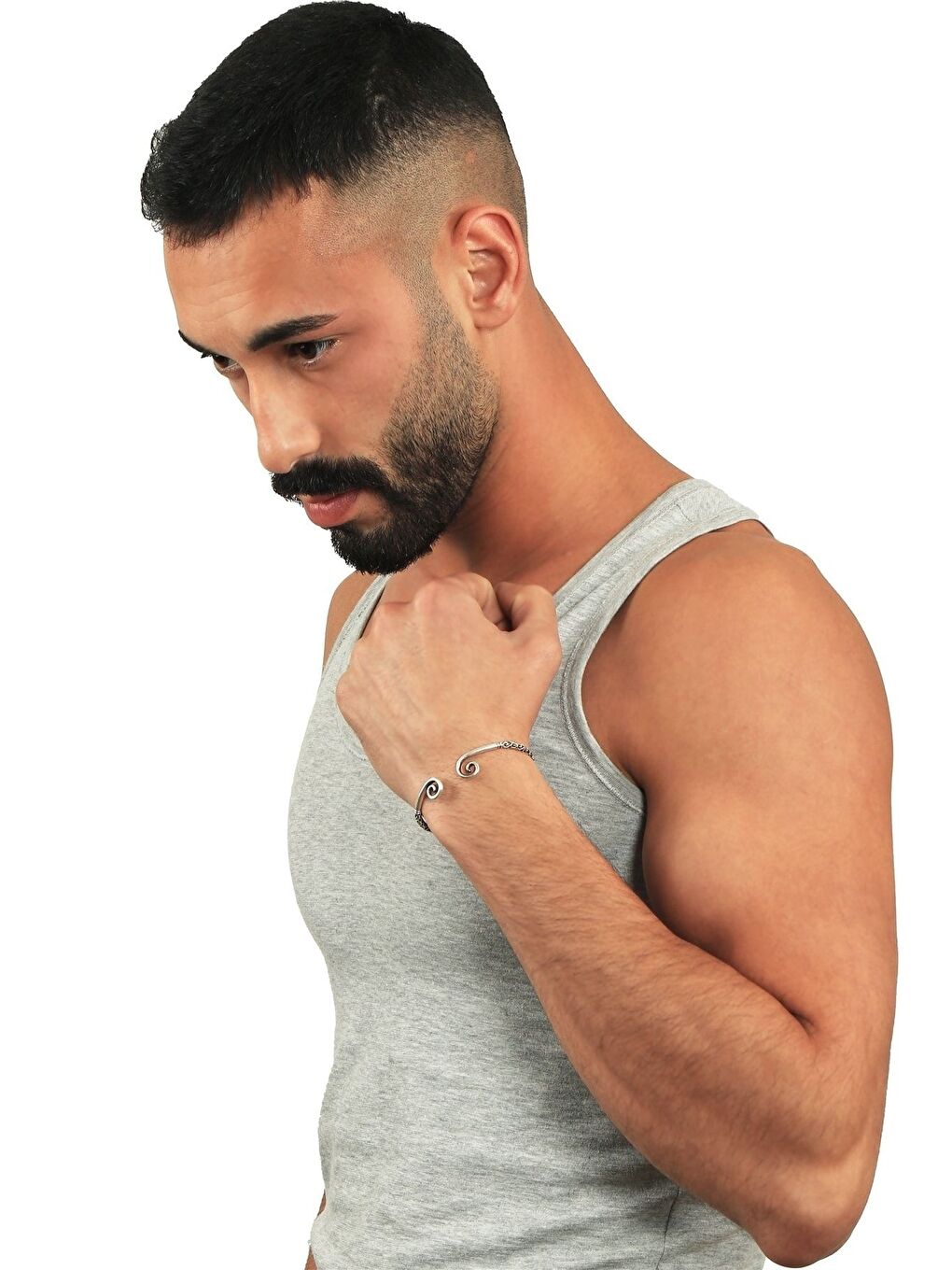 Gri Erkek Lak Siyah Renk Kaplama Ayarlanabilir Açık Band Spiral Formlu Bileklik-4